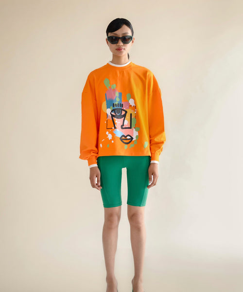 Abstract relaxed-fit sweatshirt in 100% cotton, women’s, front view – EXPLICIT streetwear UAE, Dubai & Abu Dhabi