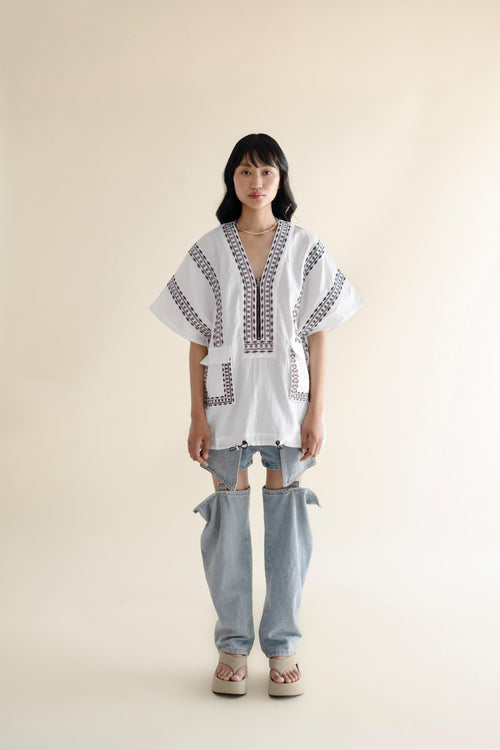 Aztec embroidered kimono with drawstring in 100% linen, front view – EXPLICIT streetwear UAE, Dubai & Abu Dhabi