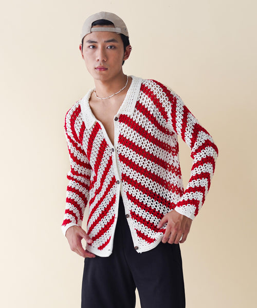 Candy Cane handmade crochet shirt, red-white, men’s, back view – EXPLICIT streetwear UAE, Dubai & Abu Dhabi