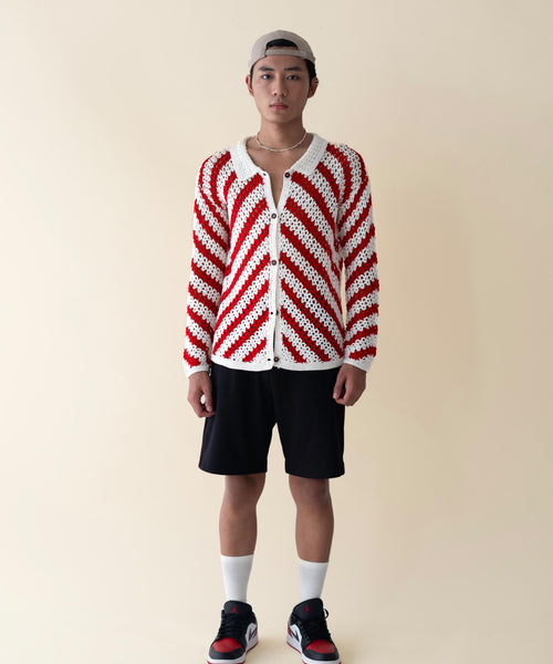 Candy Cane handmade crochet shirt, red-white, men’s, front view – EXPLICIT streetwear UAE, Dubai & Abu Dhabi