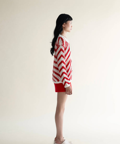 Candy Cane handmade crochet shirt, red-white, women’s, back view – EXPLICIT streetwear UAE, Dubai & Abu Dhabi