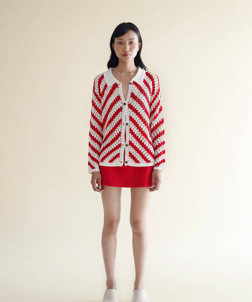 Candy Cane handmade crochet shirt, red-white, women’s, front view – EXPLICIT streetwear UAE, Dubai & Abu Dhabi