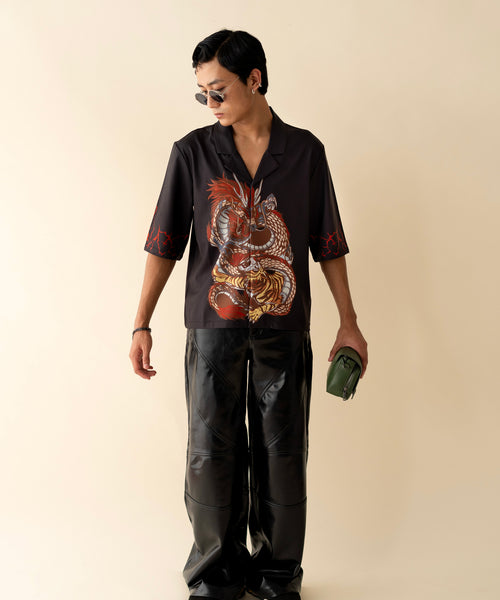 Tatsu cuban collar shirt with dragon graphic, men's, front view, EXPLICIT