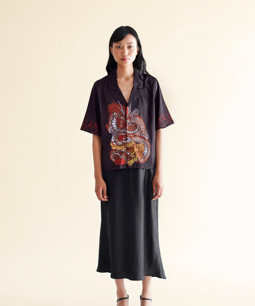 Tatsu cuban collar shirt with dragon graphic, women's, front view, EXPLICIT