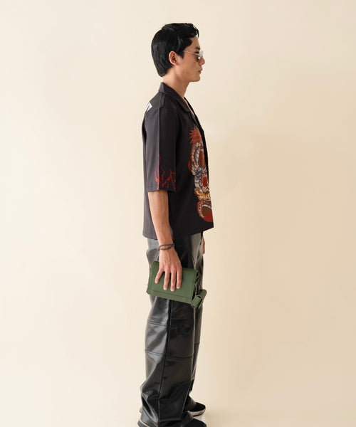 Tatsu cuban collar shirt with dragon graphic, men's, back view, EXPLICIT