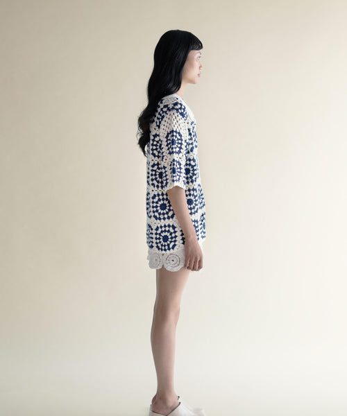 Granny Square handmade crochet shirt, white-blue, women’s, back view – EXPLICIT streetwear UAE, Dubai & Abu Dhabi
