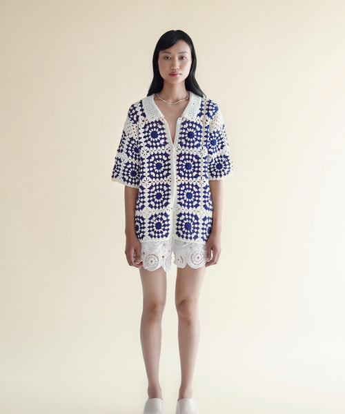 Granny Square handmade crochet shirt, white-blue, women’s, front view – EXPLICIT streetwear UAE, Dubai & Abu Dhabi