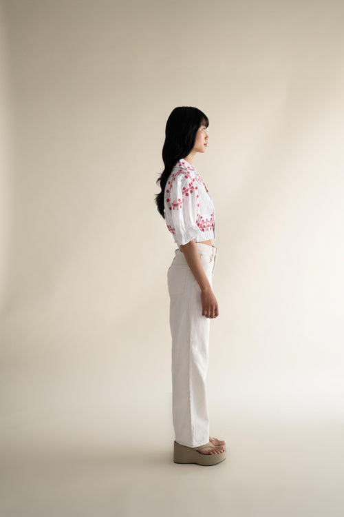 Gerbera Daisy puff sleeve embroidered top in 100% linen, women’s, back view – EXPLICIT streetwear UAE, Dubai & Abu Dhabi