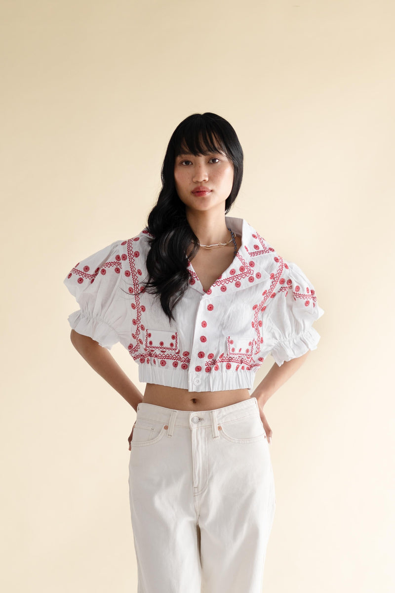 EXPLICIT Puff sleeved Gerbera Daisy Embroidered Top 4