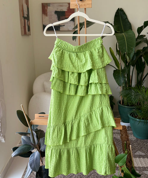 Vintage Skirt Lime Green Tiered Ruffle Oxxo — Women – The Revival Line, EXPLICIT streetwear UAE (1/2)