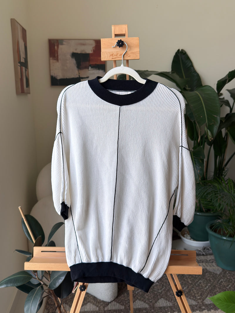 EXPLICIT Off Shoulder Ribbed White and Black Oversized Top — Women