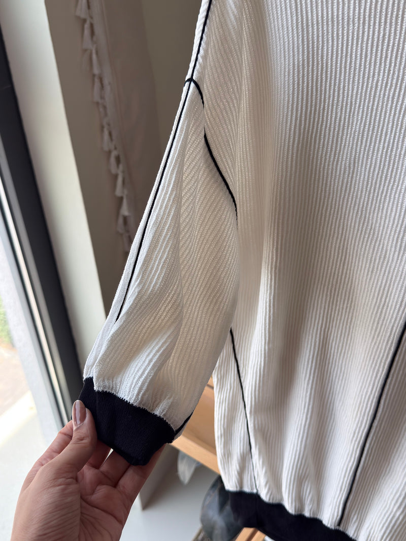 EXPLICIT Off Shoulder Ribbed White and Black Oversized Top — Women 3