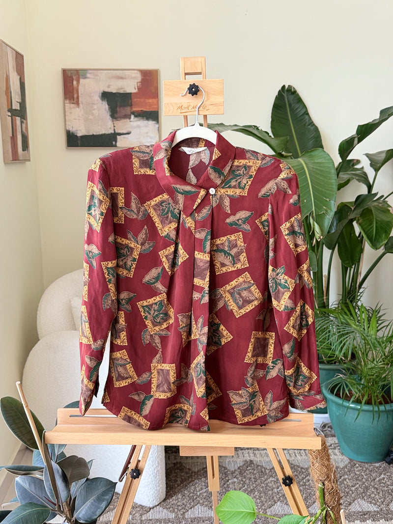 EXPLICIT Vintage Classic Maroon Button-up Pleated Shirt — Women